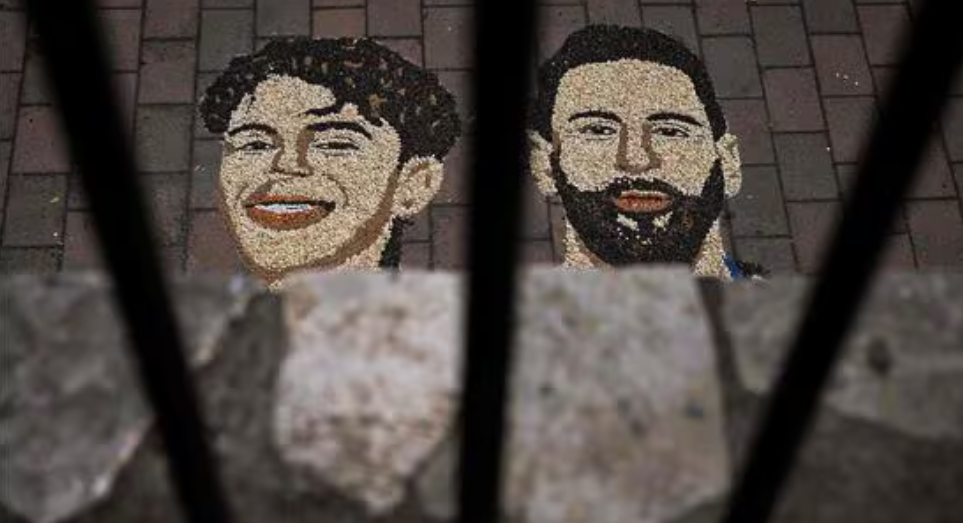 Mosaic of Yamal & Messi made of grain and seeds made by Kosovar artist Alkent Pozhegu - AFP