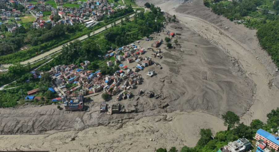 An aerial view of rock & mudlside by Trishuli river